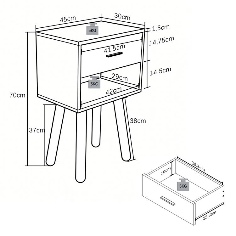 Produktbild: Nachttisch mit Schublade 45x30x56 cm Singol XL