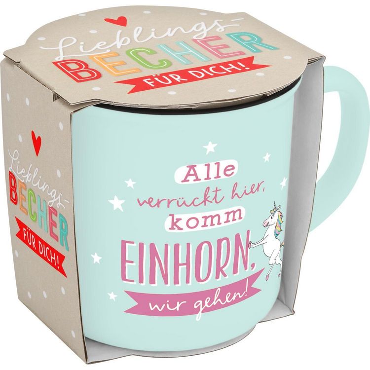 Produktbild: Becher in Emailloptik " Alle verr&uuml;ckt hier, komm Einhorn wir gehen.