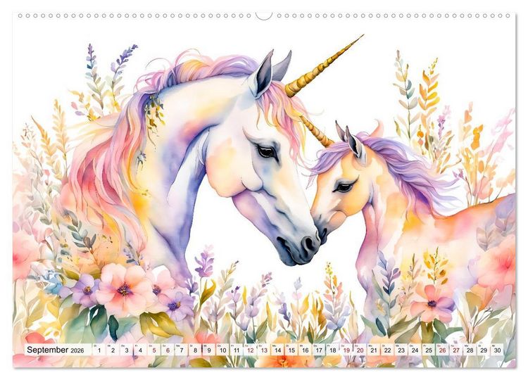 Produktbild: Magische Einh&ouml;rner - Traumlandschaften unterm Regenbogen (hochwertiger Premium Wandkalender 2026 DIN A2 quer), Kunstdruck in Hochglanz