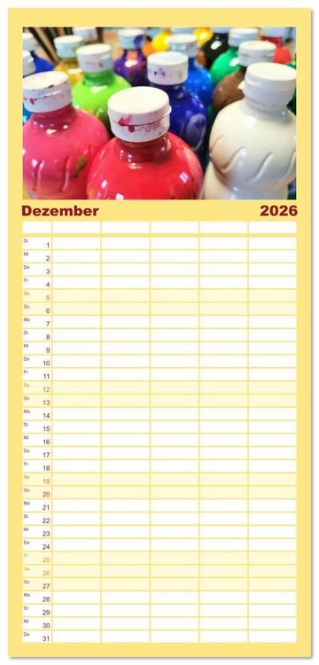 Produktbild: Familienplaner 2026 - Atelierimpressionen - Des K&uuml;nstlers Handwerkzeug im Portrait mit 5 Spalten (Wandkalender, 21 x 45 cm) CALVENDO