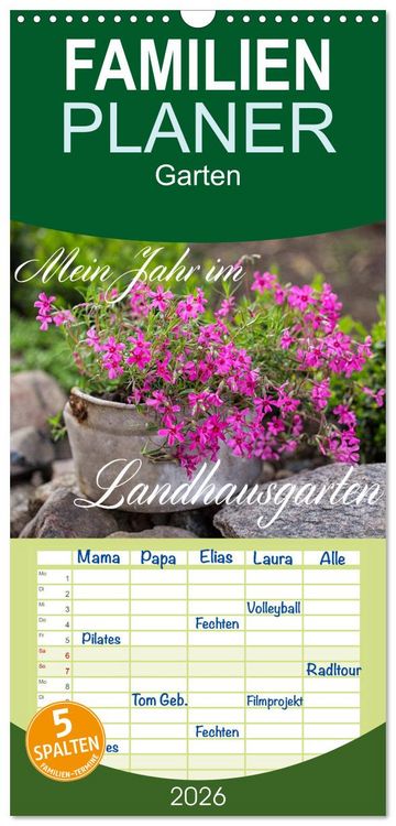 Produktbild: Familienplaner 2026 - Mein Jahr im Landhausgarten mit 5 Spalten (Wandkalender, 21 x 45 cm) CALVENDO
