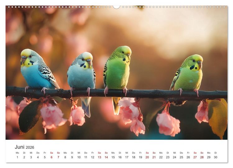 Produktbild: Zwitscherzeit - Ein Kalender voller Wellensittiche (hochwertiger Premium Wandkalender 2026 DIN A2 quer), Kunstdruck in Hochglanz