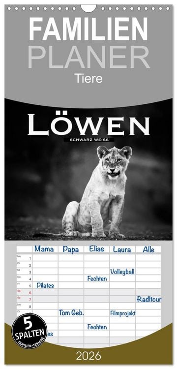 Produktbild: Familienplaner 2026 - L&ouml;wen schwarz wei&szlig; mit 5 Spalten (Wandkalender, 21 x 45 cm) CALVENDO