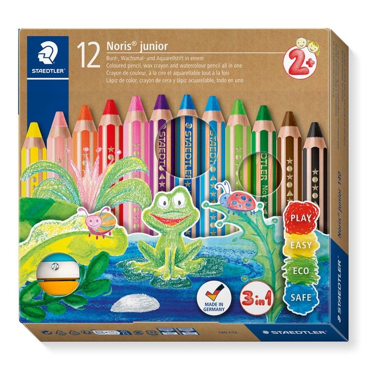 Produktbild: STAEDTLER Noris junior 140 Kindermalstift 3 in 1, Kartonetui mit 12 Malstiften in sortierten Farben und 1 Spitzer, 140 C12