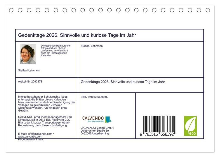 Produktbild: Gedenktage 2026. Sinnvolle und kuriose Tage im Jahr (Tischkalender 2026 DIN A5 quer), CALVENDO Monatskalender