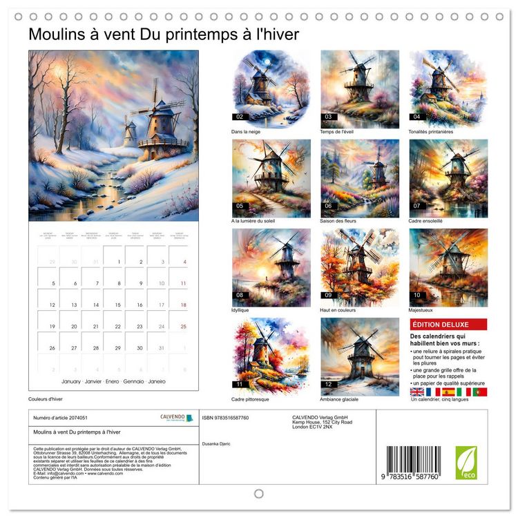 Produktbild: Moulins &agrave; vent Du printemps &agrave; l'hiver (Calendrier mural carr&eacute; 2026 30x30 cm) Calendrier double avec une page pour vos prises de notes