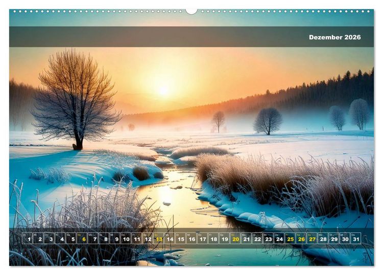 Produktbild: Verschneite Landschaft unter einer fahlen Wintersonne (hochwertiger Premium Wandkalender 2026 DIN A2 quer), Kunstdruck in Hochglanz