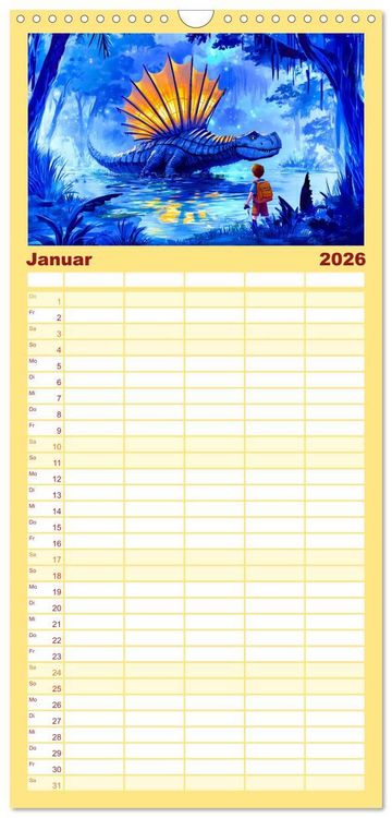 Produktbild: Familienplaner 2026 - Abenteuer mit Dinosauriern - Tolle Dino-Freunde f&uuml;r das Jahr mit 5 Spalten (Wandkalender, 21 x 45 cm) CALVENDO