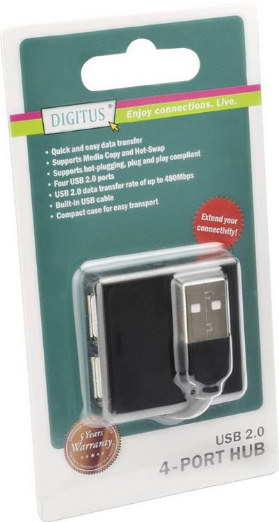 Produktbild: Digitus DA-70217 USB-Hub 4 Port USB-A USB 2.0 480 MBit/s Schwarz DA-70217