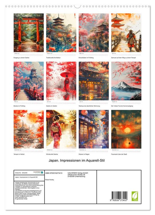 Produktbild: Japan. Impressionen im Aquarell-Stil (hochwertiger Premium Wandkalender 2026 DIN A2 hoch), Kunstdruck in Hochglanz