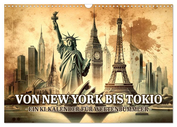Produktbild: Von New York bis Tokio - Ein KI-Kalender f&uuml;r Weltenbummler (Wandkalender 2026 DIN A3 quer), CALVENDO Monatskalender