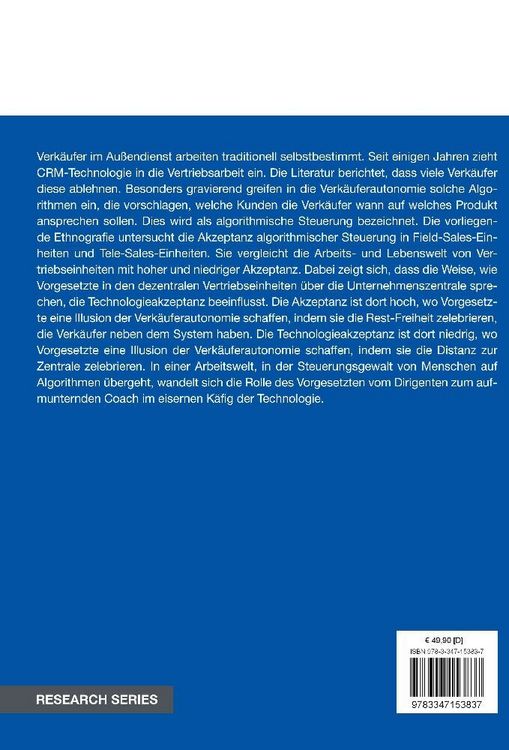 Produktbild: Die Akzeptanz von algorithmischer Steuerung im Vertrieb