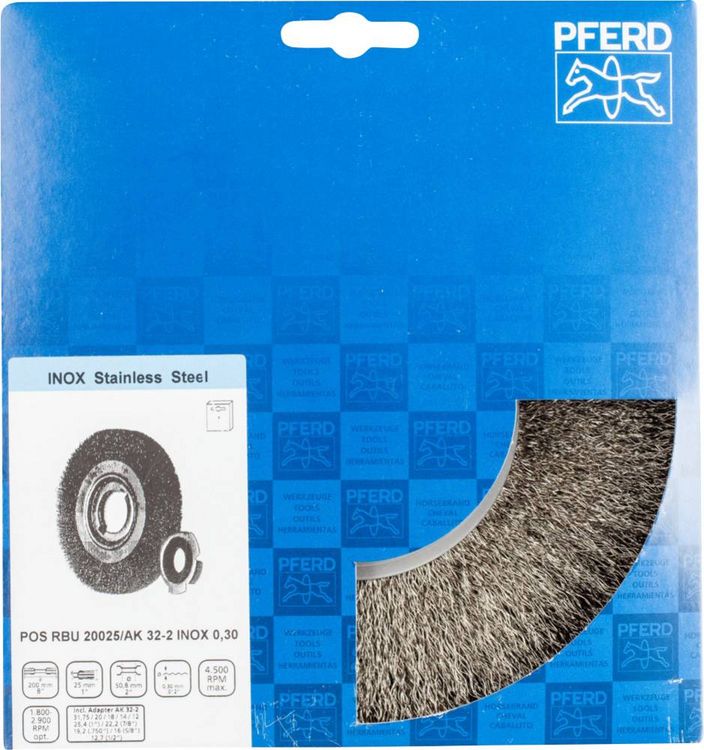 Produktbild: PFERD TOOLS Rundb&uuml;rste breit ungezopft RBU &Oslash; 200 x 25 mm variable Bohrung Edelstahl-Draht-&Oslash; 0,30 f&uuml;r Schleifbock 1 POS RBU 20025/AK32-2 INOX 0,30