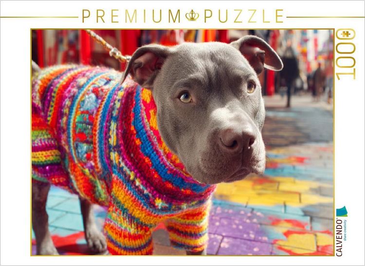 Produktbild: CALVENDO Puzzle Pit Bull im bunten Strick | 1000 Teile Lege-Gr&ouml;&szlig;e 64x48cm Foto-Puzzle f&uuml;r gl&uuml;ckliche Stunden