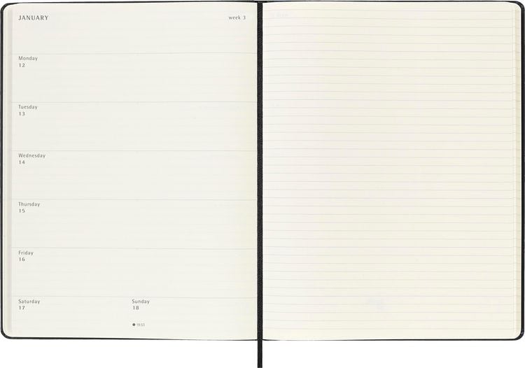 Produktbild: Moleskine 18 Monate Wochen Notizkalender 2025/2026, XL, 1 Wo = 1 Seite, Rechts linierte Seite, Fester Einband, Schwarz