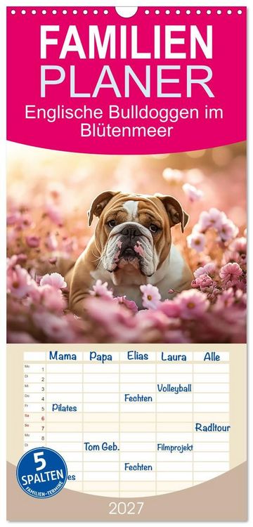 Produktbild: Familienplaner 2027 - Englische Bulldoggen im Bl&uuml;tenmeer mit 5 Spalten (Wandkalender, 21 x 45 cm) CALVENDO