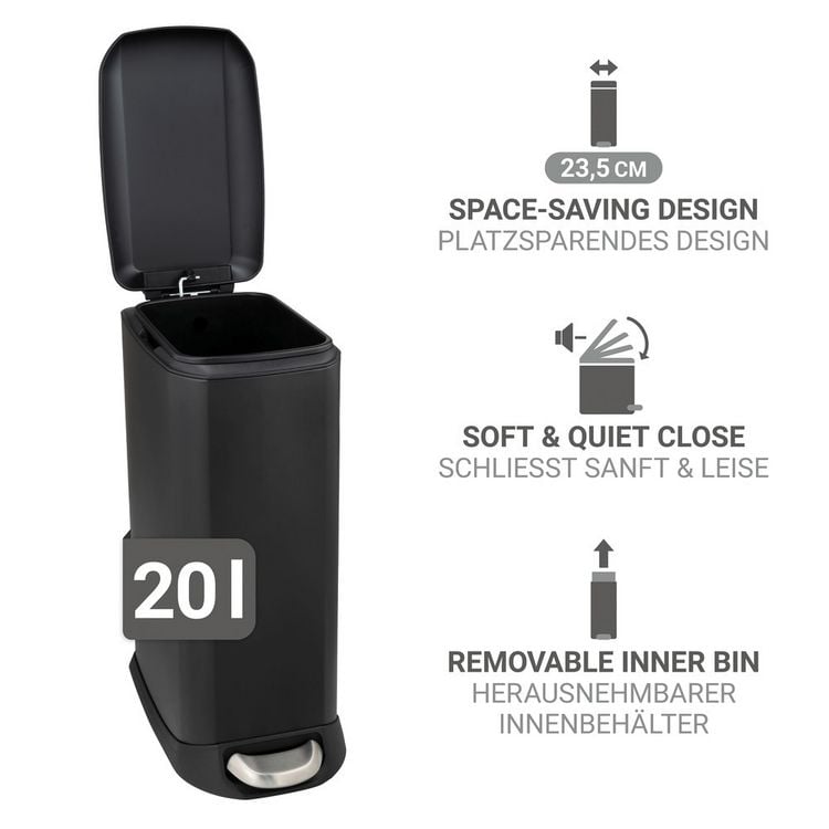 Produktbild: Treteimer Mod. Design 20 L, Easy-Close, Schwarz, mit herausnehmbarem Einsatz
