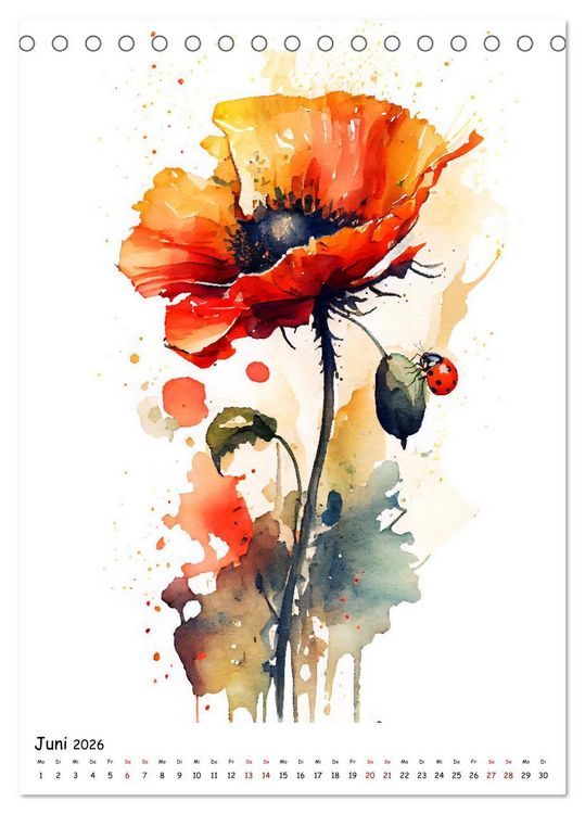 Produktbild: Aquarellmalerei - Blumen und Tiere im Garten (Tischkalender 2026 DIN A5 hoch), CALVENDO Monatskalender