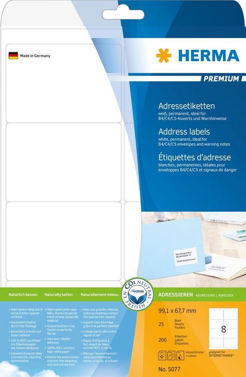Produktbild: HERMA Adressetiketten permanent wei&szlig; 99,1x67,7mm 25 Blatt 200 St&uuml;ck