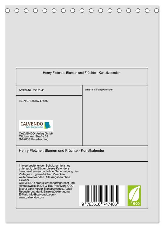 Produktbild: Henry Fletcher. Blumen und Fr&uuml;chte - Kunstkalender (Tischkalender 2026 DIN A5 hoch), CALVENDO Monatskalender