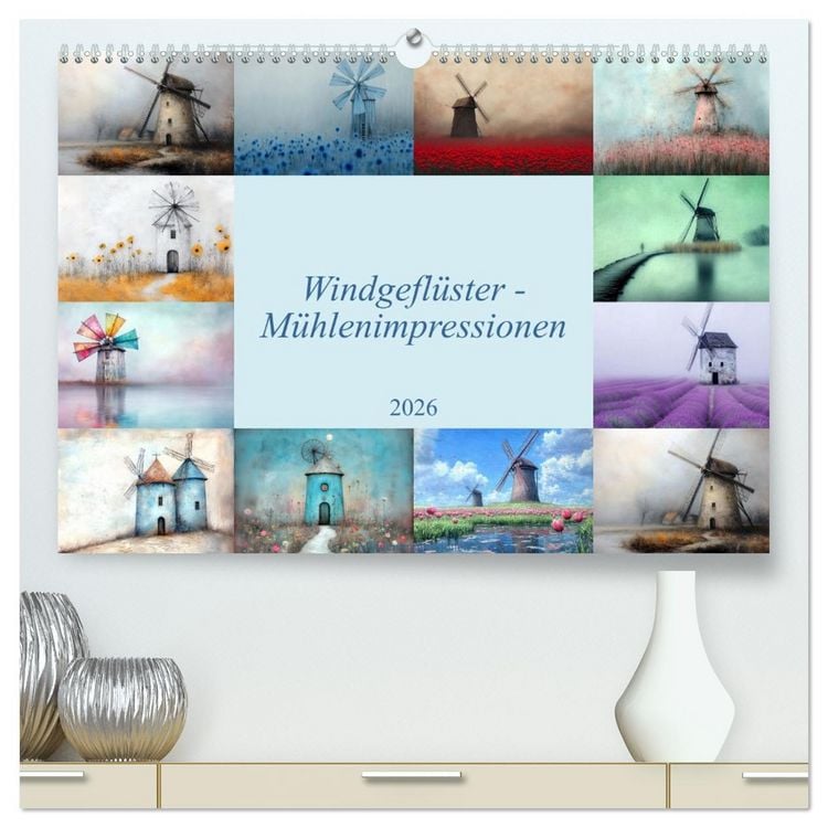 Produktbild: Windgefl&uuml;ster-M&uuml;hlenimpressionen (hochwertiger Premium Wandkalender 2026 DIN A2 quer), Kunstdruck in Hochglanz