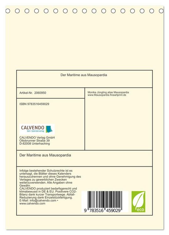 Produktbild: Der Maritime aus Mausopardia (Tischkalender 2026 DIN A5 hoch), CALVENDO Monatskalender