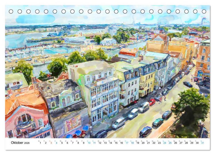 Produktbild: Warnem&uuml;nde - Die Ostseestadt illustriert in Aquarell (Tischkalender 2026 DIN A5 quer), CALVENDO Monatskalender