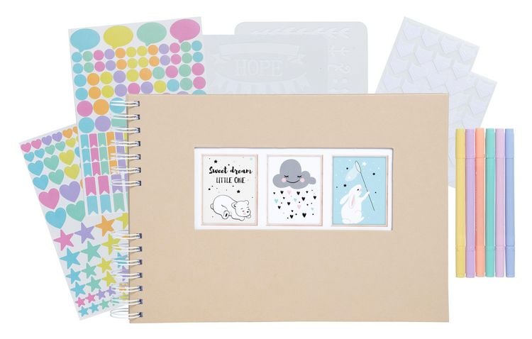Produktbild: Scrapbooking-Set, Fotoalbum mit Spiralbindung, 50 Seiten wei&szlig;, 32x22 cm + Stifte, Sticker, Schablonen, Fotoecken