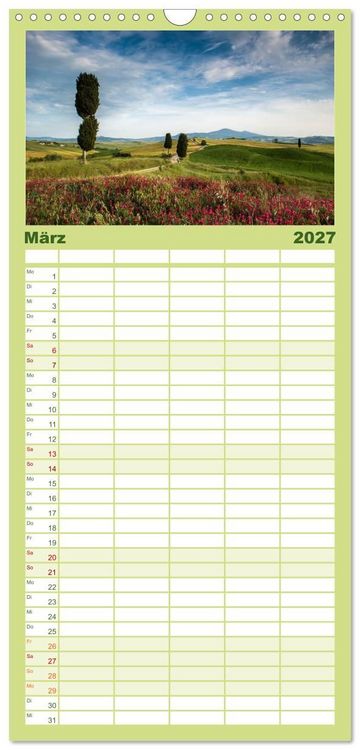 Produktbild: Familienplaner 2027 - Gr&uuml;ne Farbt&ouml;ne Toskana mit 5 Spalten (Wandkalender, 21 x 45 cm) CALVENDO