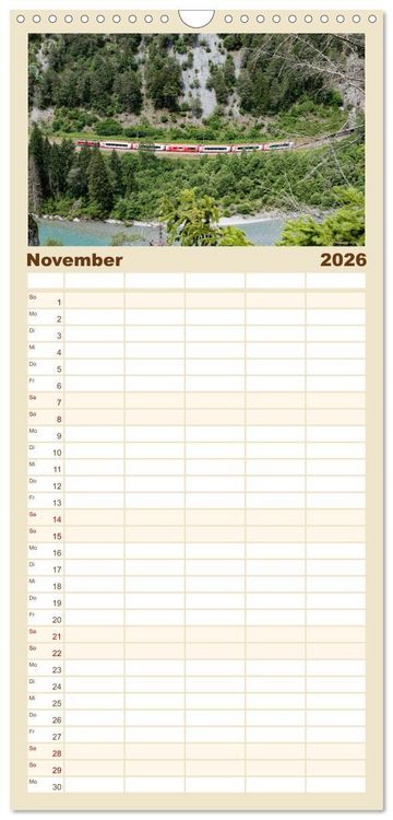 Produktbild: Familienplaner 2026 - Schweizer Eisenbahn mit 5 Spalten (Wandkalender, 21 x 45 cm) CALVENDO