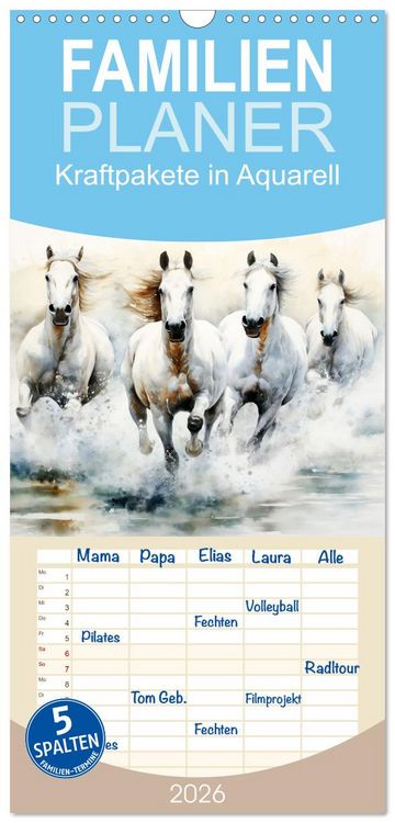 Produktbild: Familienplaner 2026 - Kraftpakete in Aquarell mit 5 Spalten (Wandkalender, 21 x 45 cm) CALVENDO