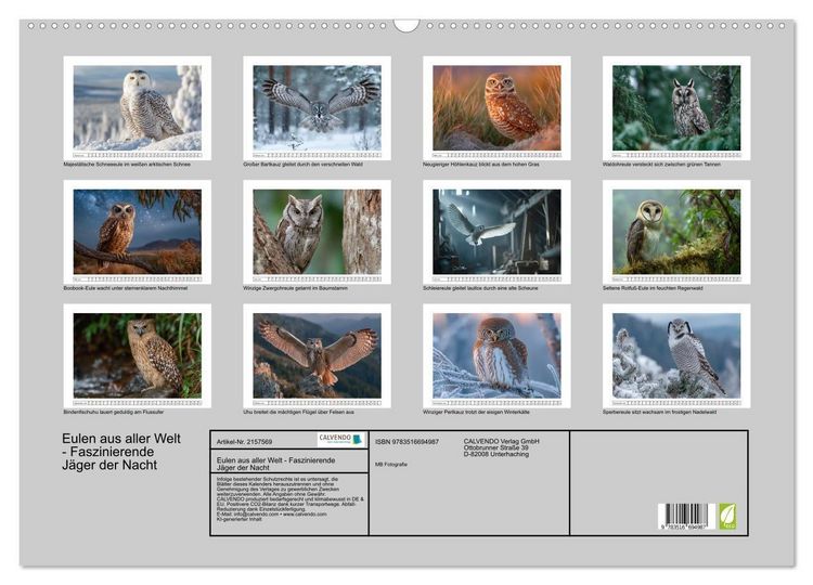 Produktbild: Eulen aus aller Welt - Faszinierende J&auml;ger der Nacht (Wandkalender 2026 DIN A2 quer), CALVENDO Monatskalender