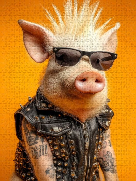 Produktbild: CALVENDO Puzzle Cooles Punk Schwein mit Irokesenschnitt, Tattoos und Rocker-Lederweste | 1000 Teile Lege-Gr&ouml;&szlig;e 64x48cm Foto-Puzzle f&uuml;r gl&uuml;ckliche Stun