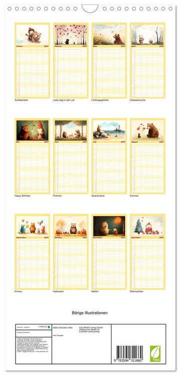 Produktbild: Familienplaner 2027 - B&auml;rige Illustrationen mit 5 Spalten (Wandkalender, 21 x 45 cm) CALVENDO