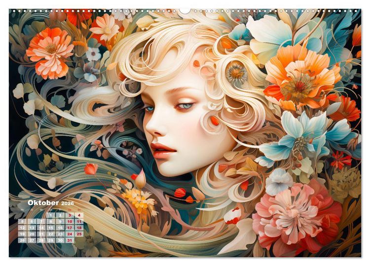 Produktbild: Bl&uuml;tenzauber - Farbenfrohe Illustrationen der G&ouml;ttin Flora (hochwertiger Premium Wandkalender 2026 DIN A2 quer), Kunstdruck in Hochglanz