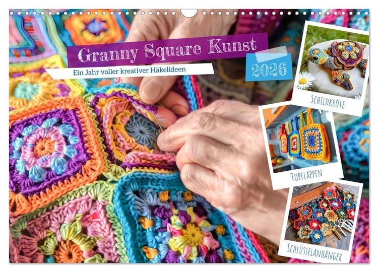 Produktbild: Granny Square Kunst - Ein Jahr voller kreativer H&auml;kelideen (Wandkalender 2026 DIN A3 quer), CALVENDO Monatskalender