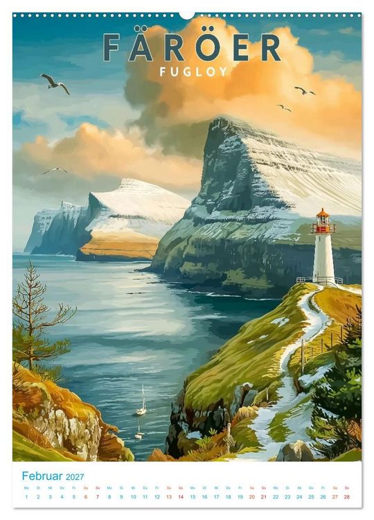 Produktbild: F&auml;r&ouml;er Inseln - Old School Poster Style (Wandkalender 2027 DIN A2 hoch), CALVENDO Monatskalender