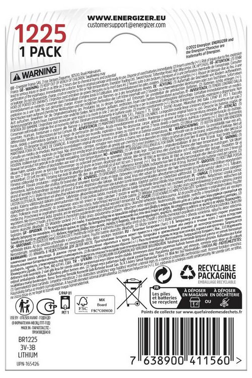 Produktbild: Energizer Knopfzelle CR1225 3V 1 St. Lithium