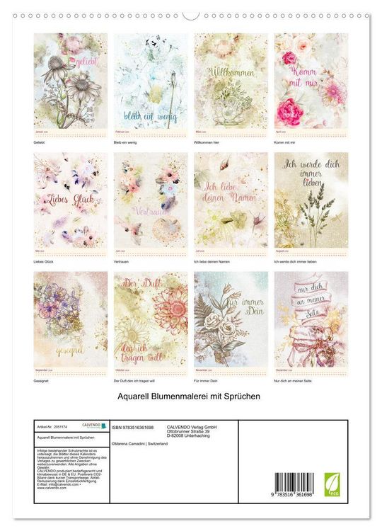 Produktbild: Aquarell Blumenmalerei mit Spr&uuml;chen (Wandkalender 2026 DIN A2 hoch), CALVENDO Monatskalender