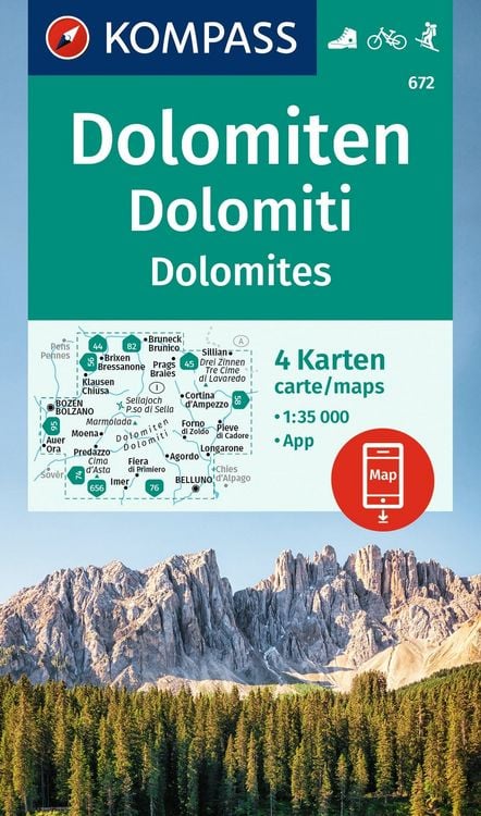 Produktbild: KOMPASS Wanderkarten-Set 672 Dolomiten, Dolomiti, Dolomites (4 Karten) 1:35.000
