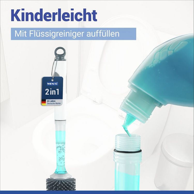 Produktbild: WC-Garnitur mit Reinigungsmittel-Spender 2in1, einfache Bedienung per Knopfdruck