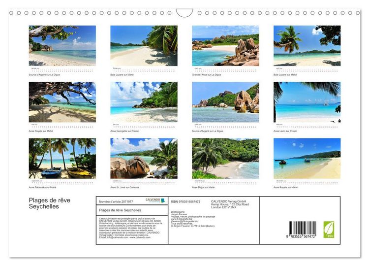 Produktbild: Plages de r&ecirc;ve Seychelles (Calendrier mural 2026 DIN A3 vertical), CALVENDO calendrier mensuel