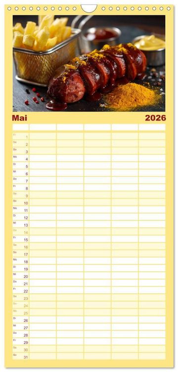 Produktbild: Familienplaner 2026 - Currywurst Kalender - Das Berliner Kultgericht f&uuml;r Fleischliebhaber mit 5 Spalten (Wandkalender, 21 x 45 cm) CALVENDO