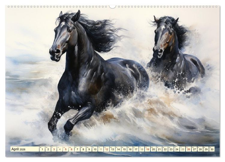 Produktbild: Pferde. Romantische Aquarelle von schwarzen Sch&ouml;nheiten (hochwertiger Premium Wandkalender 2026 DIN A2 quer), Kunstdruck in Hochglanz
