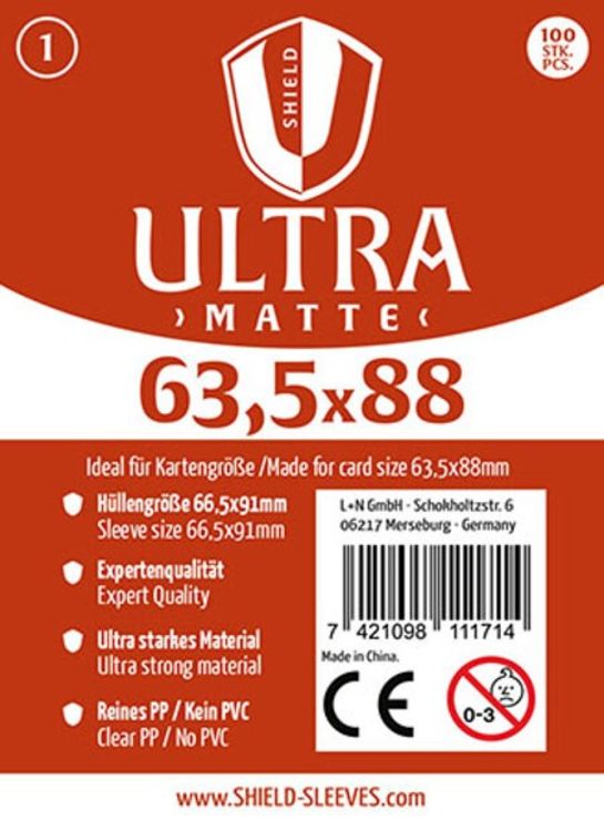 Produktbild: Shield Sleeves 1027377 - Shield Ultra Matte 1, 100 Super Sleeves f&uuml;r Kartengr&ouml;&szlig;e 63,5 x 88 mm, Spielkarten-Schutzh&uuml;llen