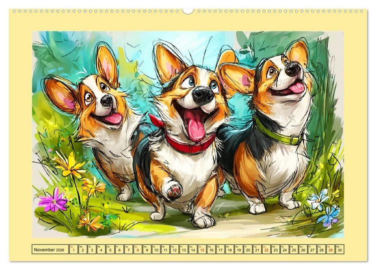Produktbild: Lustige Corgis. Niedliche Cartoons von gl&uuml;cklichen Hunden (Wandkalender 2026 DIN A2 quer), CALVENDO Monatskalender
