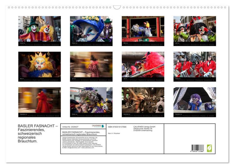 Produktbild: BASLER FASNACHT &ndash; Faszinierendes, schweizerisch regionales Brauchtum. (Wandkalender 2026 DIN A2 quer), CALVENDO Monatskalender