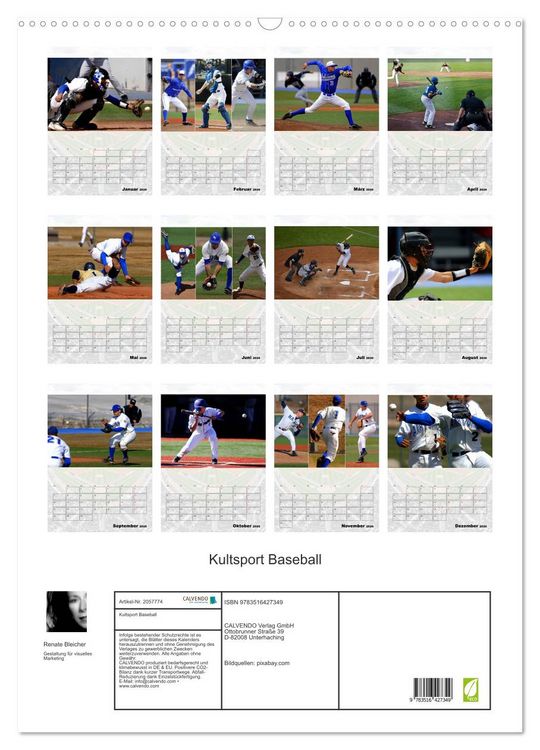 Produktbild: Kultsport Baseball (Wandkalender 2026 DIN A2 hoch), CALVENDO Monatskalender