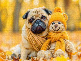 Produktbild: CALVENDO Puzzle Mops und Pl&uuml;schtierkumpel im Herbst. | 1000 Teile Lege-Gr&ouml;&szlig;e 64x48cm Foto-Puzzle f&uuml;r gl&uuml;ckliche Stunden