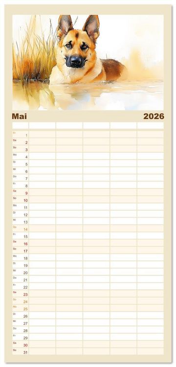 Produktbild: Familienplaner 2026 - Deutsche Sch&auml;ferhunde. Majest&auml;tische W&auml;chter im Aquarell-Stil mit 5 Spalten (Wandkalender, 21 x 45 cm) CALVENDO